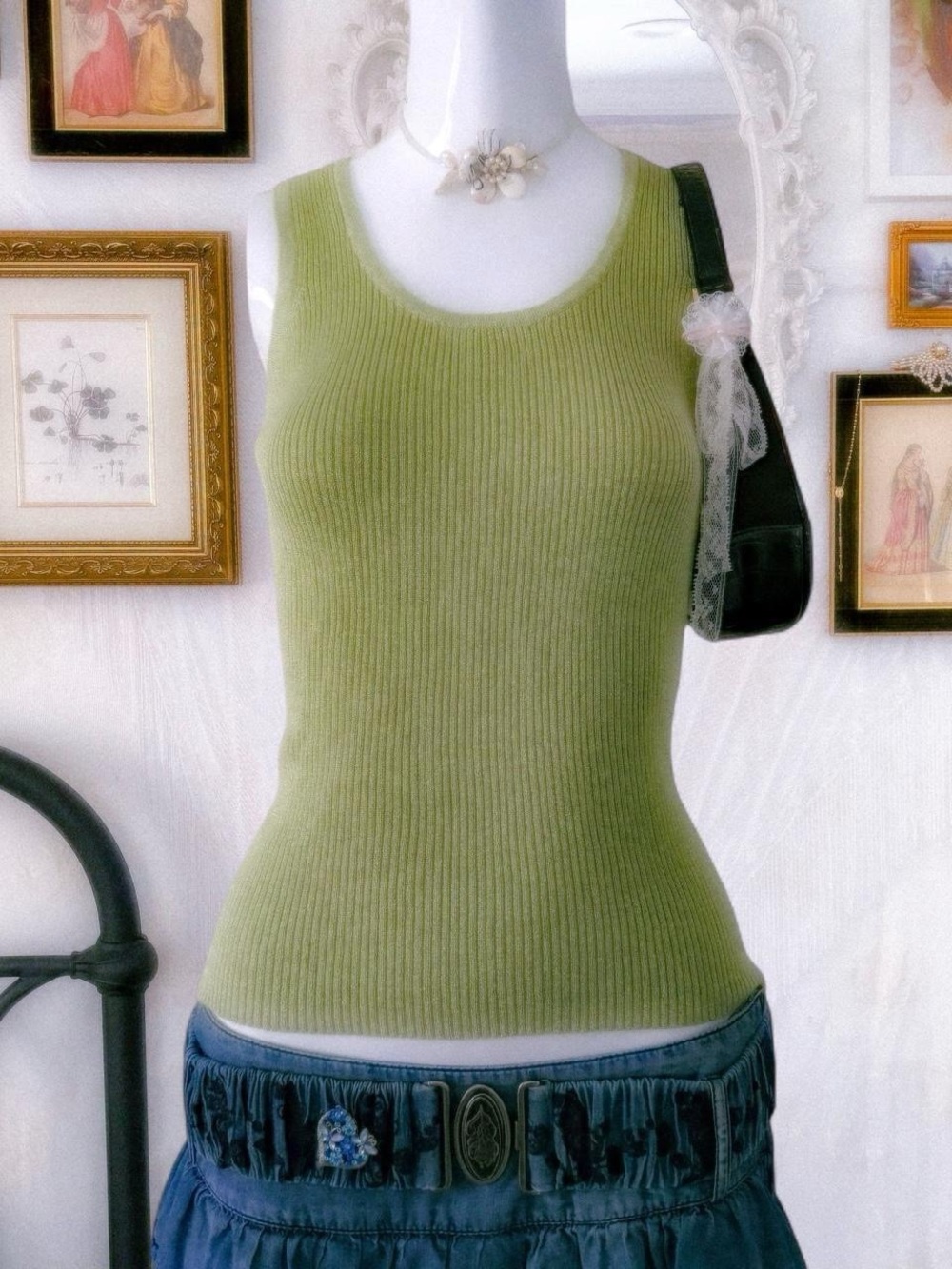 Y2K fairy shimmery sparkle ribbed knit green tank